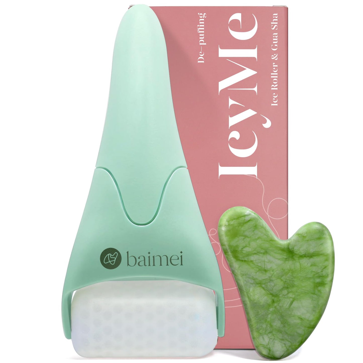 BAIMEI IcyMe Ice Roller for Face and Gua Sha Facial Tool Set, Ice Face Roller Reduces Puffiness Relieves Migraines Skin Care Tools, Self Care Gift for Women - Pink