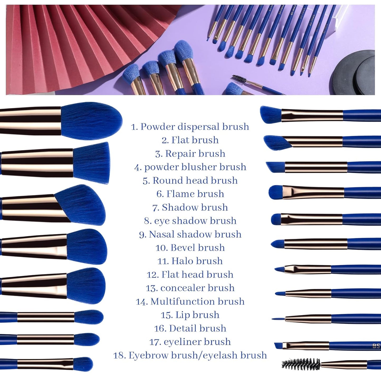 BS-MALL Makeup Brushes Premium Synthetic Foundation Powder Concealers Eye Shadows Makeup 18 Pcs Brush Set,Dark Blue with case