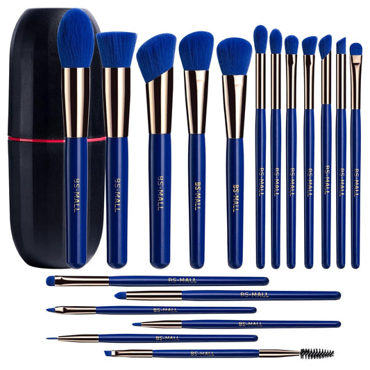 BS-MALL Makeup Brushes Premium Synthetic Foundation Powder Concealers Eye Shadows Makeup 18 Pcs Brush Set，Dark Blue with case