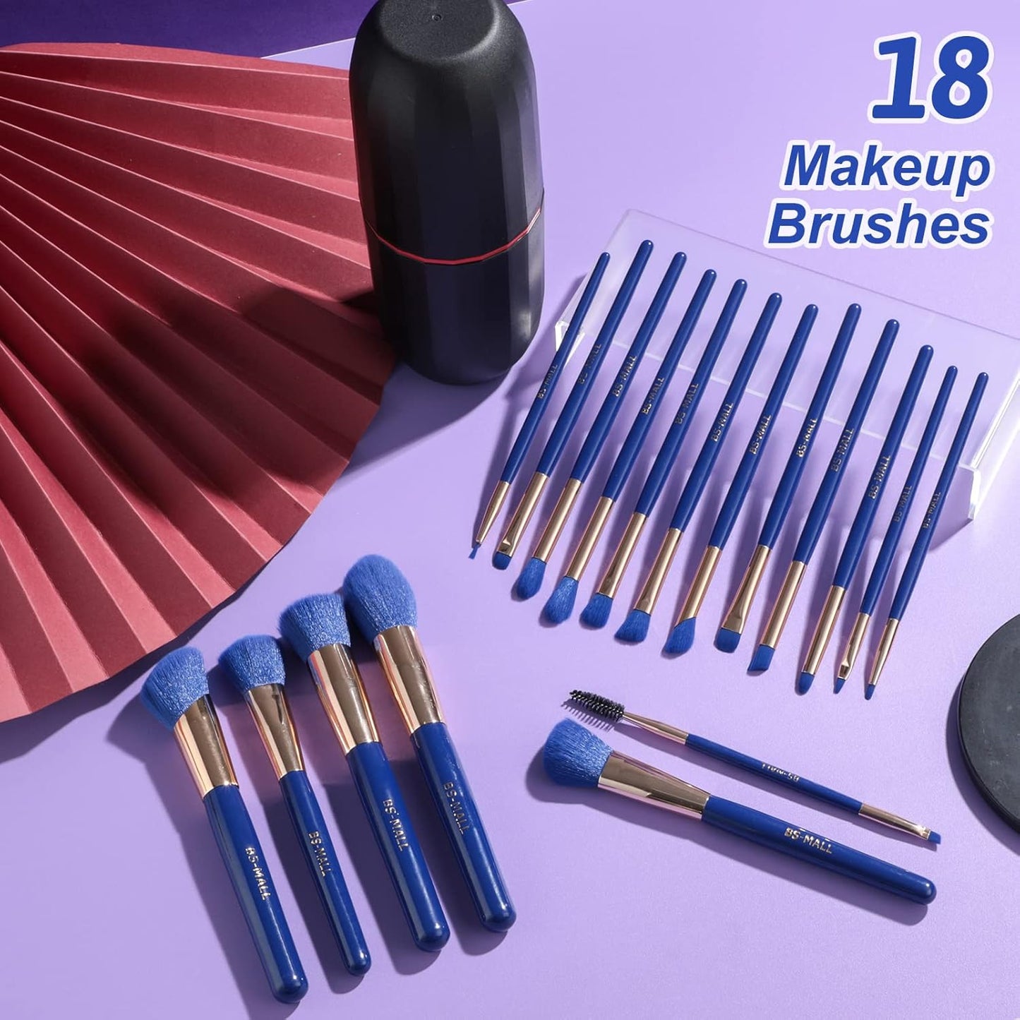 BS-MALL Makeup Brushes Premium Synthetic Foundation Powder Concealers Eye Shadows Makeup 18 Pcs Brush Set，Dark Blue with case